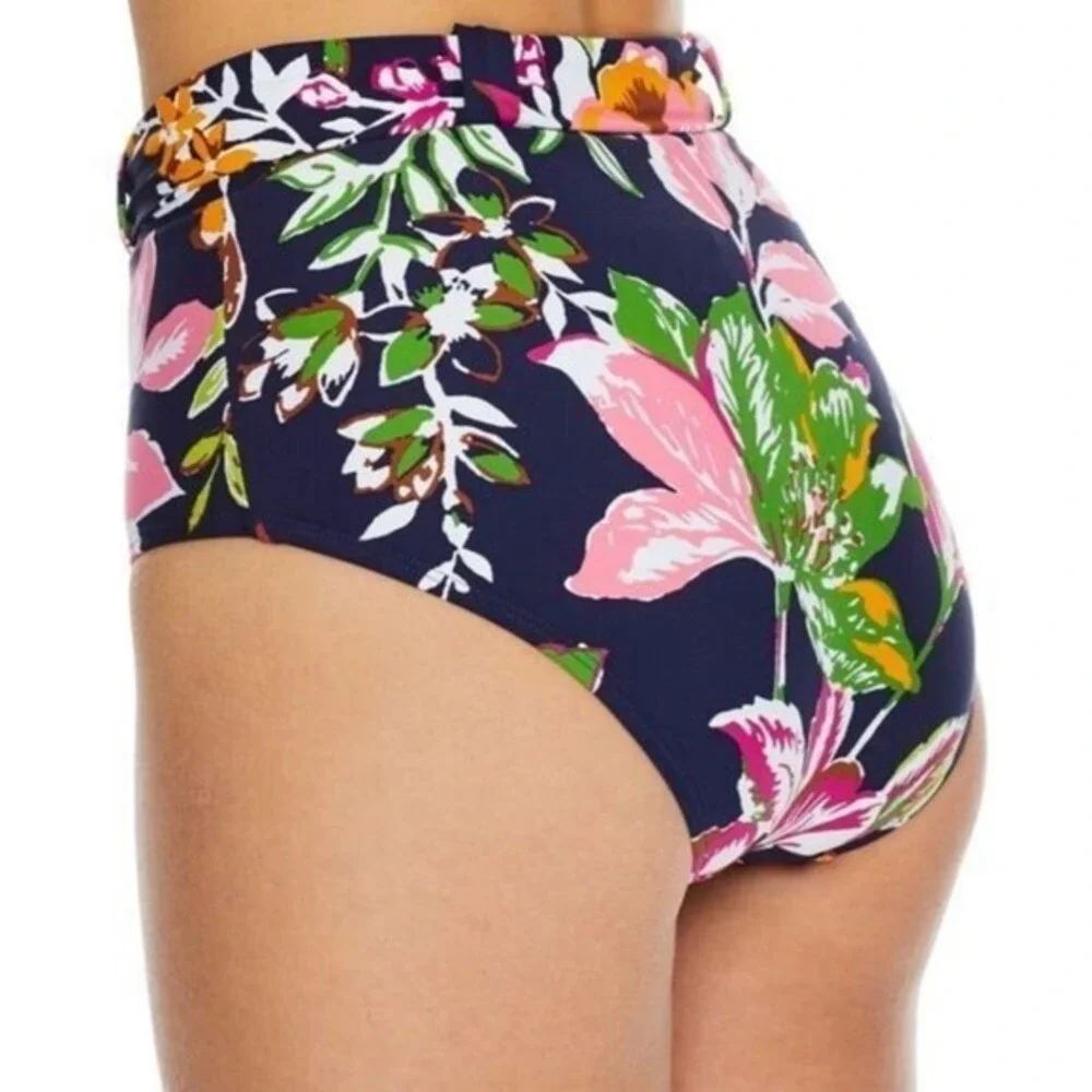 Anne Cole Signature Tropical Bloom Belted High-Waist Bikini Bottom- Blue, Large - Picture 2 of 12
